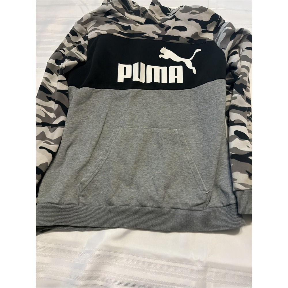 Puma Boys XL 15-16Y Camo Colorblock Fleece Hoodie Grey Black 847343-01